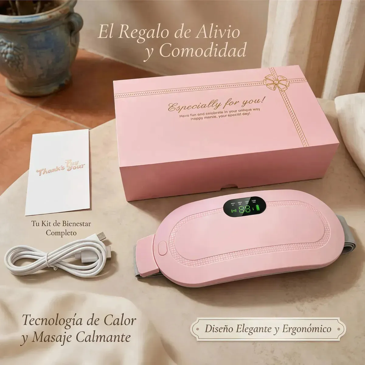 Presentación del kit: cinturón térmico rosa, caja y cable USB